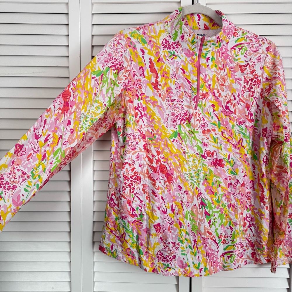 IBKUL Mock Neck Zip Long Sleeve Shirt Cat Cay Pink Golf Tennis Pickleball Large - Picture 3 of 5
